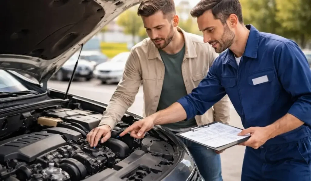 Professional used car inspection with mechanic guiding buyer through engine check, space for text overlay.