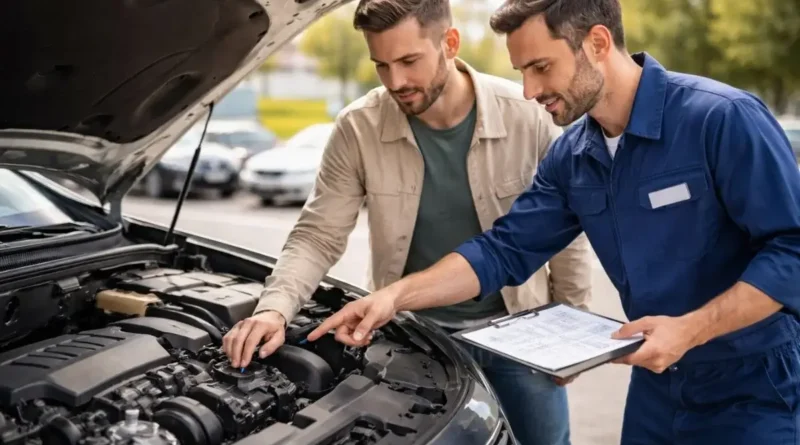 Professional used car inspection with mechanic guiding buyer through engine check, space for text overlay.