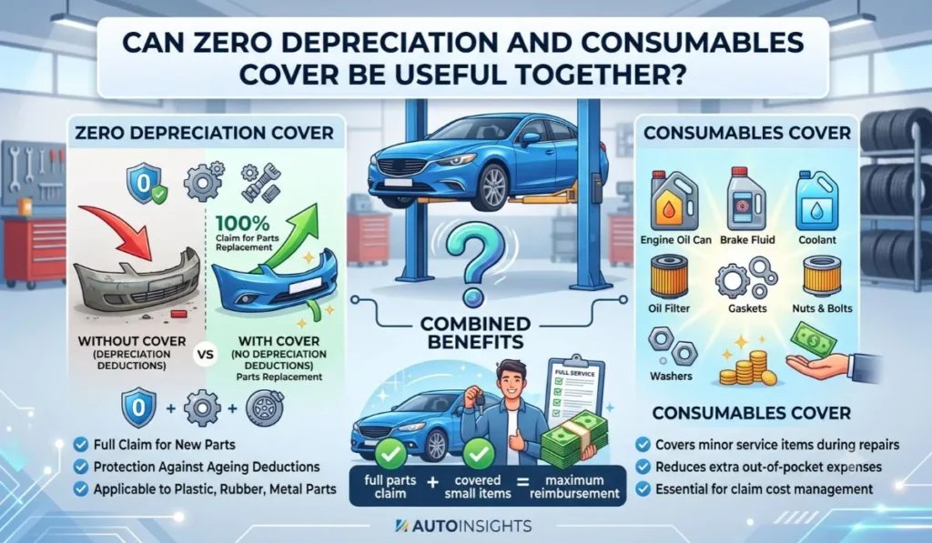 nfographic showing the combined benefits of zero depreciation and consumables cover in car insurance.